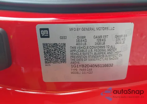 2022 Chevrolet Corvette Stingray Rwd 2Lt z USA, uszkodzony, nr VIN 1G1YB2D40N5116632